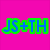 Pixelated text on a bright pink background with green outlines and blue fill, displaying 'JS+TH' on the left side.
