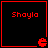 Four identical red pixelated squares with black backgrounds, each containing the text "Shayla" and a small red pixelated symbol in the bottom-right corner.