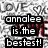 Pixelated image with repeated 'LOVE' text and heart symbols on a gray background, featuring bold black text reading 'annalee is the bestest!' in the center.