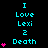 Pixelated cyan text reads 'I Love Lexi 2 Death' with pink hearts above each text block on a black background, varying heart counts per block.