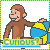 Pixelated monkey character with brown fur, white chest, and blue-yellow globe prop under a yellow banner reading 'Curious'.