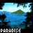 Pixelated beach scene with blue water, green islands, and dark tree silhouettes; text 'PARADISE' appears below in white or light blue font.