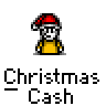 A 4x4 contact sheet of a pixel art animated icon showing a stick figure character in various states with green motion effects and text bubbles, all labeled "Christmas Cash" below each frame.