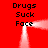 Red background with four identical text blocks reading Drugs Suck Face in black pixelated font, each block connected by white light beams forming a square.