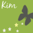 Green background with repeating dark gray butterfly silhouettes, scattered white and yellow stars, and repeated 'Kim' text in light script.