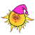 Animated sun-shaped character with pink nightcap, yellow face, and orange rays, displaying sequential facial expressions and arm movements against gray background.