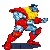 A 4x4 contact sheet of a pixel-art animated character in red, blue, and yellow colors performing sequential running poses on a gray background.