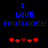 Blue pixelated text "I LOVE FOOTLOOSE!" on black background with red heart symbols below, two identical side-by-side versions of the same design.