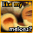 Animated contact sheet of 18 frames showing a pixelated cartoon character with orange hair and brown eyes repeatedly saying "like my melons?" in yellow text above the character's head, each frame displaying slight variations in facial expression and eye position.