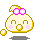 Pixelated character with cream body, golden outline, pink bow with white crosses, and blush marks in four variations showing mouth and shadow changes.