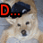 six identical dog images with changing colored letters and ellipses above each