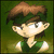 Pixelated character with brown hair and green headband in three poses against dark green background.