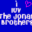 Blue background with white pixelated text reading "the Jonas brothers" and two instances of the word "IUV" above it, flanking a pink heart symbol.