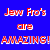 Blue and red pixelated text with a green background portrait of a person on the right