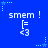 Blue background with repeated white text 'smem !' and pixelated symbols, surrounded by light blue star-shaped animations.