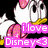 Pixelated cartoon duck with white face, yellow beak, and pink cheeks holding a star, overlaid by two purple text banners reading "i love" and "Disney <3".