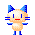 A 4x4 grid of pixel art frames showing a blue-eared cat-like character with beige fur, red mouth, and blue limbs in various poses holding pink hearts or empty hands against a gray background.