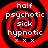 Four identical red and black spiral patterns with white text reading 'half', 'psychotic', 'sick', 'hypnotic' arranged in a