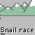 Pixelated character in yellow shirt and blue pants rides black snail across gray ground with green mountains and white peaks in background, text "Snail race" repeated below.