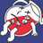 Pixelated cartoon character in red dress with white accents on blue background, accompanied by red pixel text phrases.