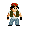Pixel art character in green vest, white shirt, blue pants, red cap with green trim, performing multiple actions including standing, walking, throwing blue projectiles, and interacting with a blue object.