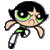 Pixelated cartoon character with black hair, green eyes, and a star on forehead in mid-air pose against gray background.