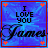 Two side-by-side animated frames of a blue-themed buddy icon with "I LOVE YOU" text and "James" signature, bordered by red frame with orange hearts.