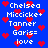 Blue background with red pixelated hearts and repeated white text listing names including Chelsea, Micicke+, Tanner, Garis=, love.
