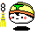 Pixel art character with yellow rice, green seaweed, orange bandana, red cheeks; holds a silver and yellow object that changes position across frames.
