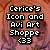 Pixelated text reads 'Cerice's Icon and Avi Art Shoppe 03' over a blurred background with pinkish-brown tones.