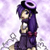 Pixelated character with purple hair and hat holding a white object against a light purple background.