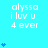 Pixelated cyan background with repeated white text 'alyssa i luv u 4 ever' and blue heart symbols in vertical