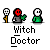 Pixel art animation of a green character with a white mask and red flower, holding a white object, with 'Witch Doctor' text below.