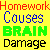 Yellow background with red 'Homework' text repeated at top and bottom, blue 'Causes', green 'BRAIN', black 'Damage' in middle ; pixelated font style