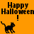 Pixelated orange background with black text and cat silhouettes, displaying "Happy Halloween!" in three positions with one cat silhouette per text instance.