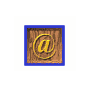 Animated contact sheet of a wooden cube buddy icon with @ symbol, showing six different frame orientations and color variations across its faces.