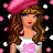 Pixelated icon of a woman with long brown hair wearing a pink beret and white top, surrounded by floating pink and white shapes on black background.