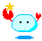 A 4-frame pixel art animation of a light blue blob character with black square eyes, red crab claws, and yellow stars on top, displayed in a 2x2 contact sheet format against a gray background.