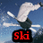 A pixelated image shows a person skiing with arms raised against a blue sky, next to a snowboarder mid-air with a bright sun in the background.