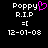 Pixel art display of 'Poppy R.I.P' with date '12-01-08', featuring a pink heart symbol replacing the 'y' in 'Poppy' on the left side.