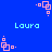 Blue background with repeating light blue text 'Laura' and pink pixelated square patterns in various orientations.
