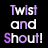 Pixelated text animation showing "Twist and Shout!" in two color variations across a contact sheet layout.