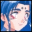 Pixelated anime-style character with blue hair and red eyes, side profile against blue background, next to stylized text on black background.