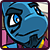 Pixelated blue creature with large white eyes and black pupils, dark blue accents on head and body, pink and yellow background elements, dark purple border.