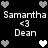 Pixelated black background with white and gray heart icons surrounding repeated text "Samantha" and "Dean" with a '<3' symbol between them.