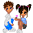Animated contact sheet of a cartoon couple dancing with blue pom-poms, transitioning to large text overlays reading "GRUE love" and "HUG LOVE" in pixelated style.