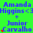 A green background displays repeated text and symbols in blue, red, and white. The name "Amanda Higgins" appears with a heart symbol, followed by "Junior Carvalho" with small red stars.