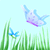 Pixelated scene with blue jellyfish-like creatures floating above green grass, blue dragonflies, and blue eggs on a light blue background.