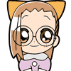 Animated cartoon character with orange cat ears, brown hair, and glasses showing multiple expressions including smiling, crying tears, winking, and holding a lightbulb icon.