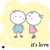 Static cartoon icon of two stick figures kissing with yellow background and "it's love" text at bottom.
